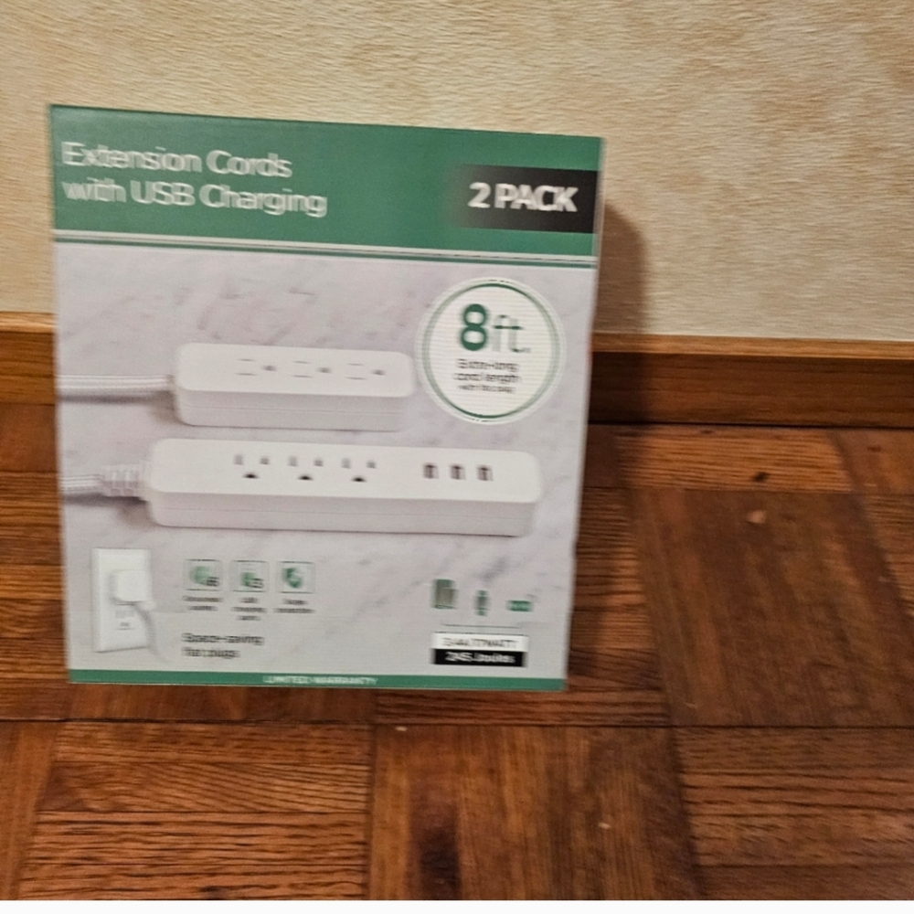 Jasco 2 Pack Extension Cords with USB Charging 8 Ft Extra Long 6 Outlets 3 USB - Picture 2 of 4